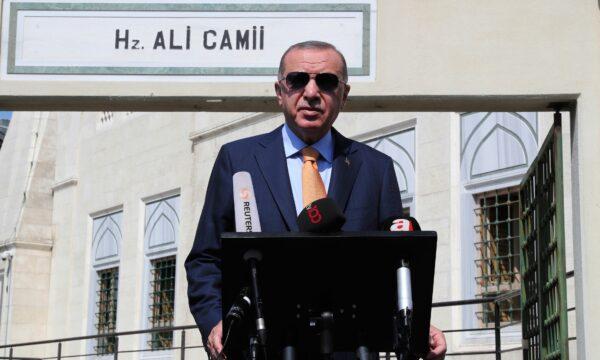 Turkey's President Recep Tayyip Erdogan talks to the media following Friday prayers at a mosque in Istanbul, on Sept. 18, 2020. (Turkish Presidency via AP/Pool)