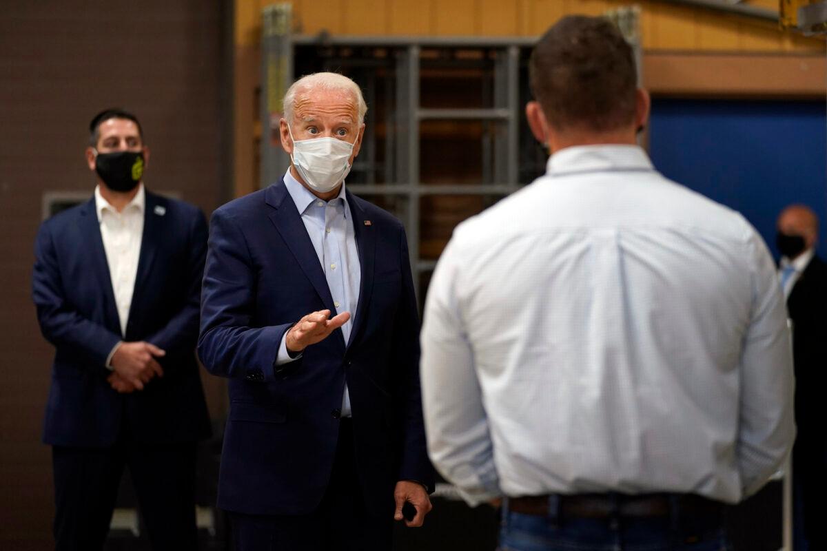 Democratic presidential candidate Joe Biden tours a union training center in Hermantown, Minn., on Sept. 18, 2020. (Carolyn Kaster/AP Photo)