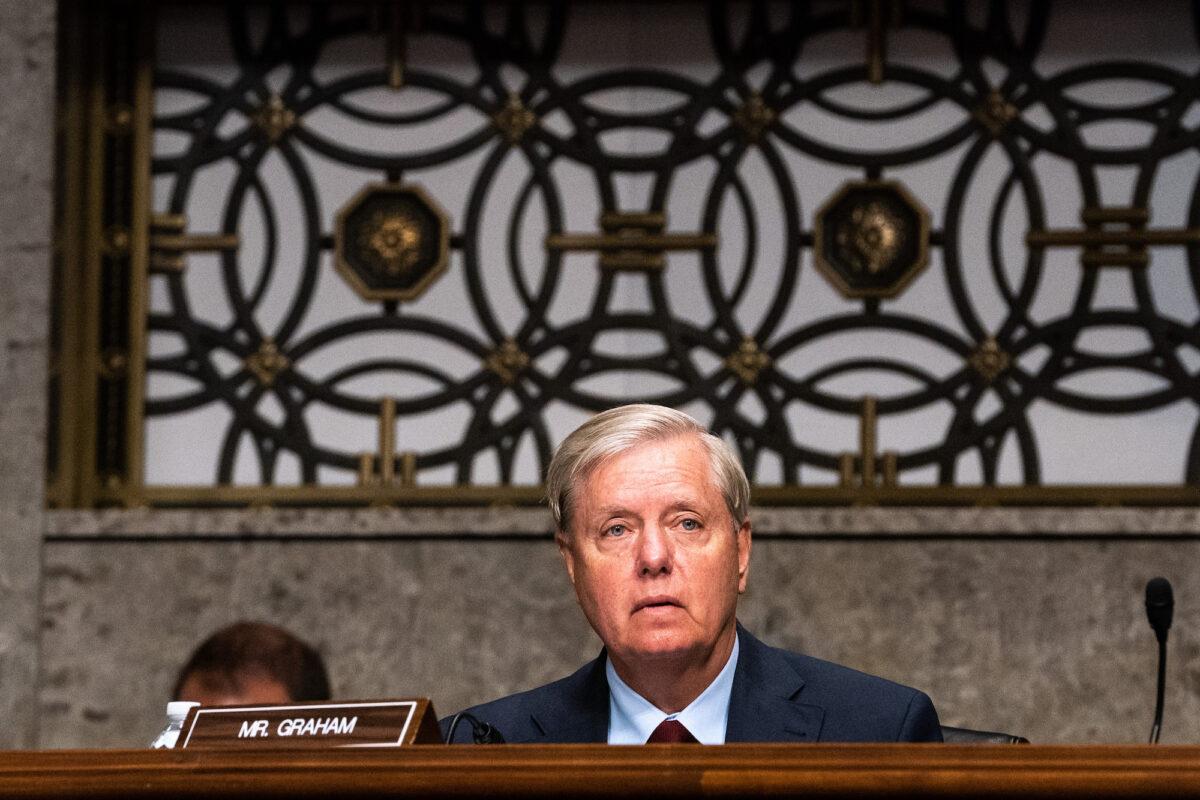 Sen. Lindsey Graham (R-S.C.), listens during a hearing of the Senate Appropriations subcommittee on Capitol Hill, in Washington, on Sept. 16, 2020. (Anna Moneymaker-Pool/Getty Images)