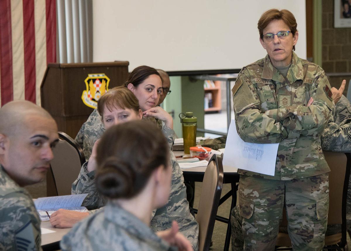 Dooley fields questions during the 2019 NYANG First Sergeant Symposium at Stewart Air National Guard Base in Newburgh, New York, on May 21, 2019 (<a href="https://www.dvidshub.net/image/5393442/2019-ny-air-national-guard-first-sergeant-symposium">Master Sgt. Lee C. Guagenti</a>/U.S. National Guard)