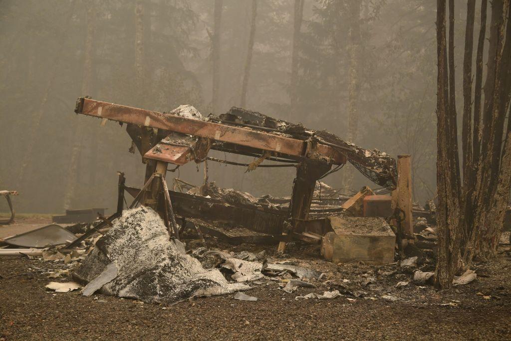 Remains of a mobile home are seen after a wildfire swept through an R.V. park, destroying multiple homes in Estacada, Ore., Sept. 12, 2020. (ROBYN BECK/AFP via Getty Images)