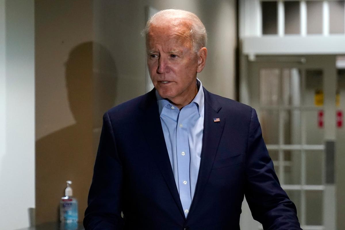 Democratic presidential candidate Joe Biden speaks about the death of Supreme Court Justice Ruth Bader Ginsburg after he arrives at at New Castle Airport in New Castle, Del., on Sept. 18, 2020. (Carolyn Kaster/AP Photo)
