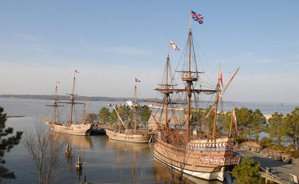 Life-sized replicas of the three ships—Susan Constant, Godspeed, and Discovery—on which the colonists crossed the Atlantic, at the Jamestown Settlement. (Jamestown-Yorktown Foundation)