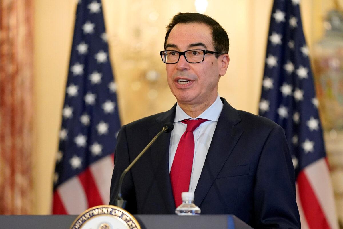 U.S. Treasury Secretary Steve Mnuchin speaks during a news conference to announce the Trump administration's restoration of sanctions on Iran, at the U.S. State Department in Washington, on Sept. 21, 2020. (Patrick Semansky/Pool via Reuters)
