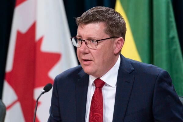 Scott Moe, premier of Saskatchewan, speaks at a press conference at the Legislative Building in Regina on March 18, 2020. (Michael Bell/The Canadian Press)