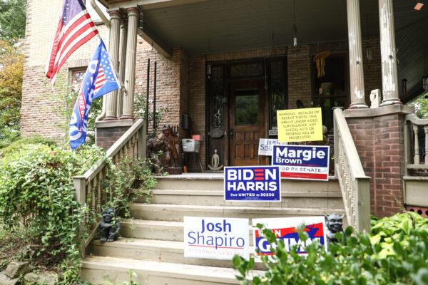 A house displaying pro-Biden political signage in Ridgway, Elk County, Penn., on Sept. 17, 2020. (Charlotte Cuthbertson/The Epoch Times)