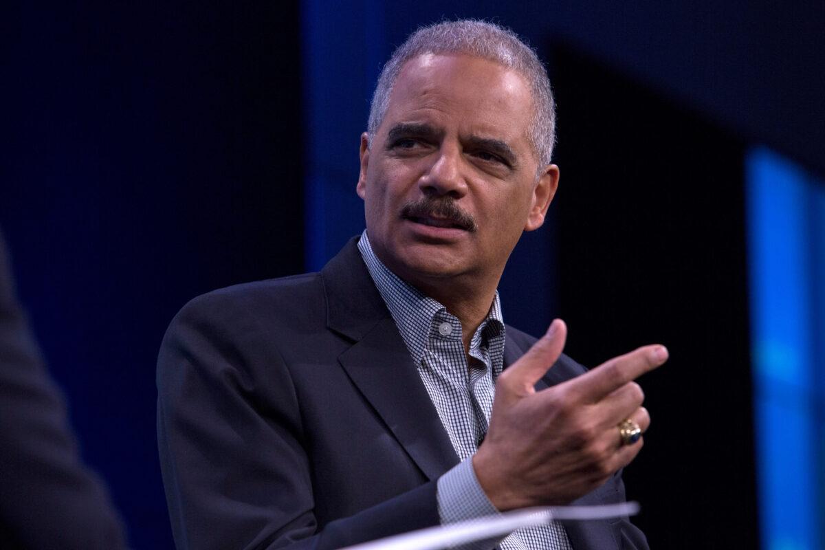Former Attorney General Eric Holder speaks during an interview at The Washington Post in Washington on Feb. 27, 2018. (Toya Sarno Jordan/Getty Images)