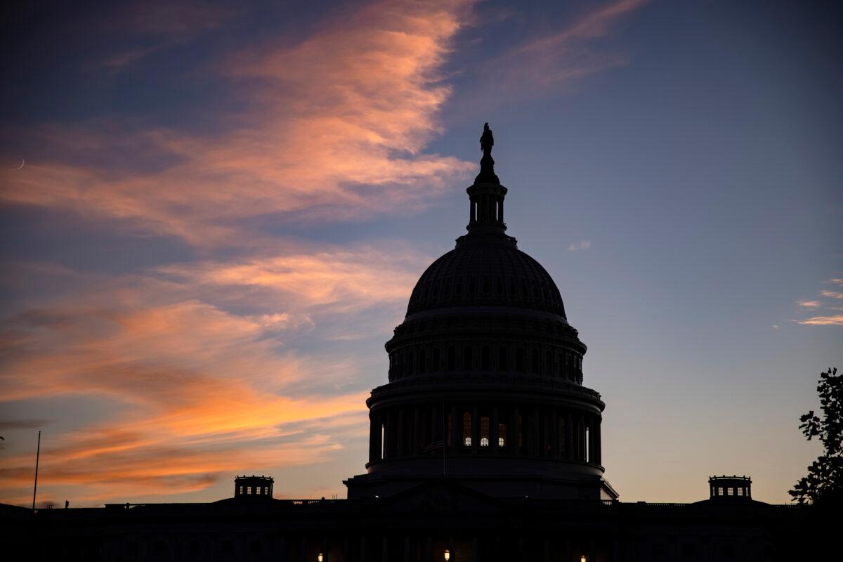 The sun sets behind the US Capitol Building the day after the death of Supreme Court Justice Ruth Bader Ginsburg in Washington on Sept. 19, 2020. (Samuel Corum/Getty Images)