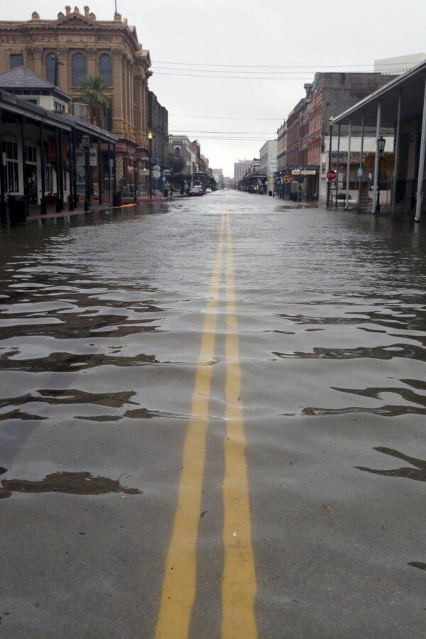 Strand Street is flooded in Galveston, Texas on Sept. 21, 2020. (Jennifer Reynolds/The Galveston County Daily News via AP)