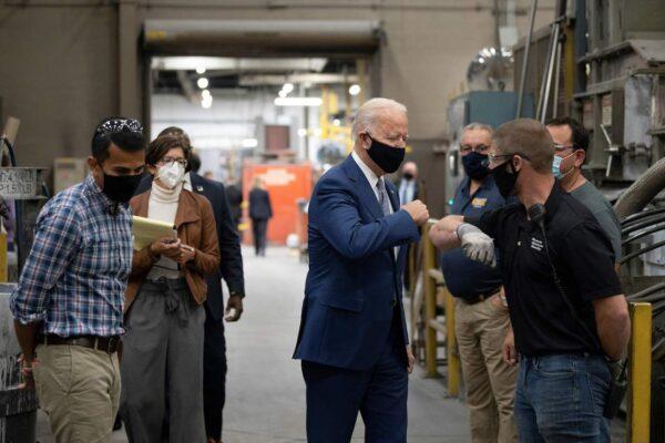 Democratic presidential candidate Joe Biden visits an aluminum manufacturing facility in Manitowoc, Wisconsin, on Sept. 21, 2020. (Jim Watson/AFP via Getty Images)