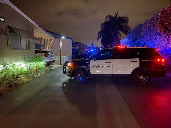 A police vehicle responds to the death of a 3-year-old riding a bicycle in a mobile home park in Orange, Calif., on Sept. 20, 2020. (Courtesy of the Orange Police Department)