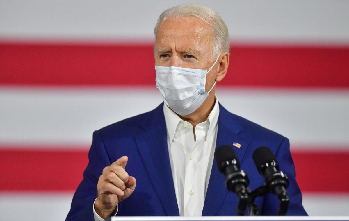 Democratic presidential nominee and former Vice President Joe Biden speaks during a campaign speech in Manitowoc, Wis., on Sept. 21, 2020. (Mark Makela/Reuters)