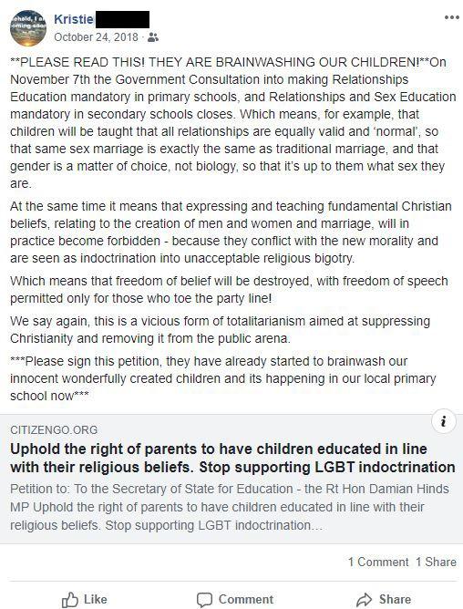 Screenshot of Facebook post by Kristie Higgs on Oct. 24, 2018 discussing a petition against mandatory relationships and sex education in primary schools. (Courtesy Christian Concern)