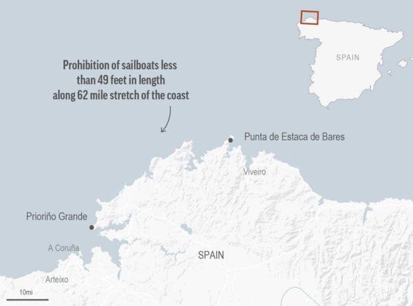 The map shows the location where the orcas knocked into sailboats in Spain. (Google Maps via AP)