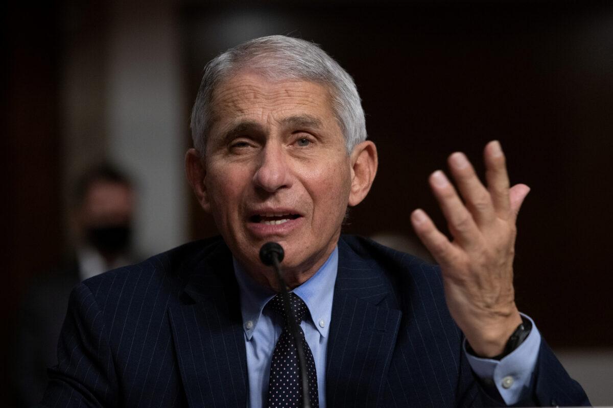 Dr. Anthony Fauci, head of the National Institute of Allergy and Infectious Diseases, speaks during a Senate Health, Education, Labor, and Pensions Committee hearing in Washington on Sept. 23, 2020. (Graeme Jennings/Pool via Reuters)