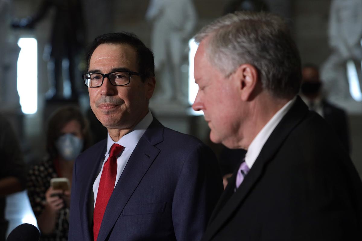 White House chief of staff Mark Meadows and Secretary of the Treasury Steven Mnuchin speak to members of the press at the U.S. Capitol in Washington on Aug. 7, 2020. (Alex Wong/Getty Images)
