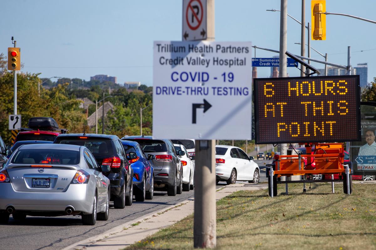 People wait in their cars at the Credit Valley Hospital Drive-Thru COVID-19 testing facility in Mississauga, Ontario, Canada on Sept. 18, 2020. (Carlos Osorio/Reuters)