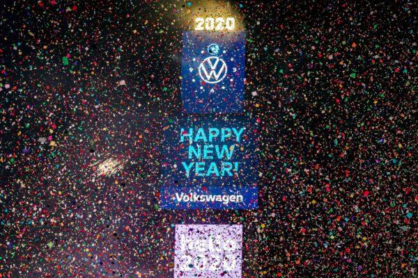 Confetti flies around the ball and countdown clock in Times Square in New York City, on Jan. 1, 2020. (Jeenah Moon/Reuters)