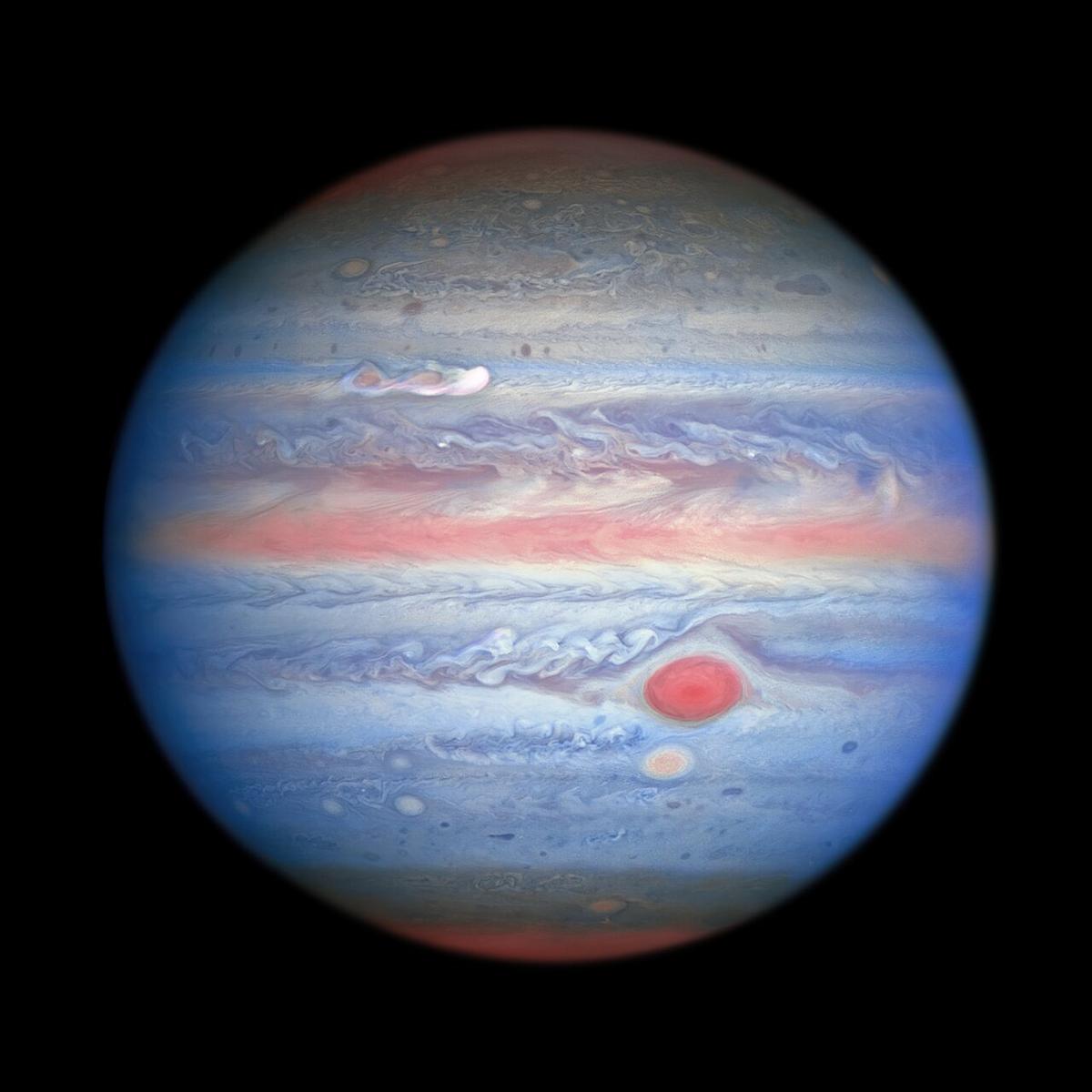 This multi-wavelength image in ultraviolet, visible, and near-infrared light of Jupiter obtained by the NASA/ESA Hubble Space Telescope on Aug. 25, 2020, is giving researchers an entirely new perspective on the giant planet. (NASA, ESA, A. Simon (<a href="https://www.spacetelescope.org/images/heic2017b/">Goddard Space Flight Center), and M. H. Wong (University of California, Berkeley) and the OPAL team.</a>)