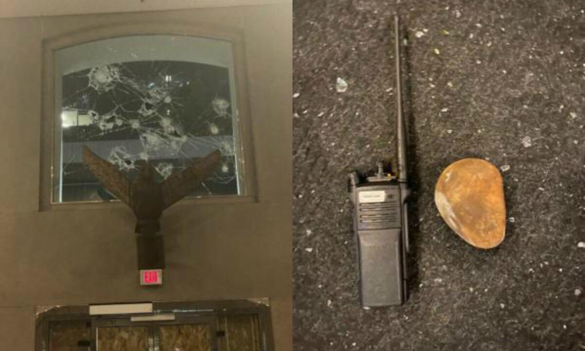 A window at the Portland Police Bureau's Central Precinct (L) and a rock thrown at police officers during a riot (R), in Portland, Ore., on Sept. 23, 2020. (Portland Police Bureau)