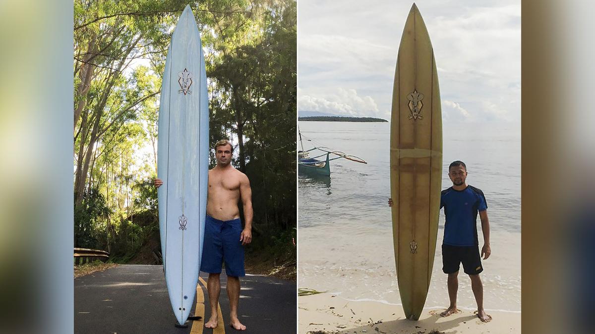 This combination image of two handout photographs show, at left, a picture taken by Brent Bielman on Oct. 18, 2015, of surfer Doug Falter posing with his surfboard in Hawaii, and at right, an undated picture taken in 2020 courtesy of Giovanne Branzuela showing Branzuela posing with the same surfboard on Sarangani island in the Philippines. (Brent Bielman/Giovanne Branzuela/Handout/AFP/Getty Images)