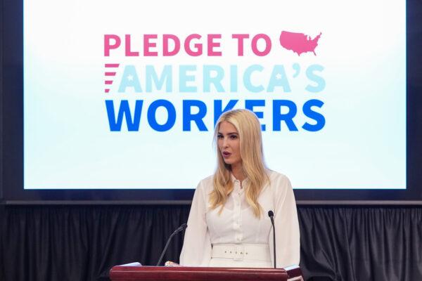 Senior White House Advisor Ivanka Trump speaks during the Pledge To America's Workers Presidential Award in the Eisenhower Executive Office Building in Washington, on Sept. 23, 2020. (Joshua Roberts/Getty Images)
