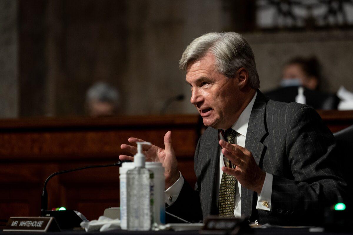 Sen. Sheldon Whitehouse (D-R.I.) speaks during a hearing in Washington on Aug. 5, 2020. (Erin Schaff/Pool/AFP via Getty Images)