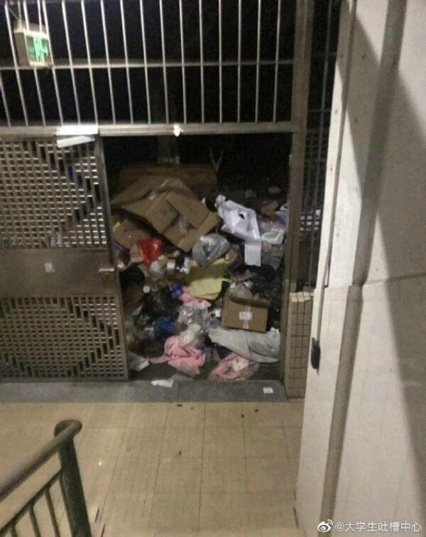 A dormitory of Guangzhou Institute of Technology during a COVID-19 lockdown in September 2020. Students complained of trash piling up and unsanitary conditions. (Supplied)