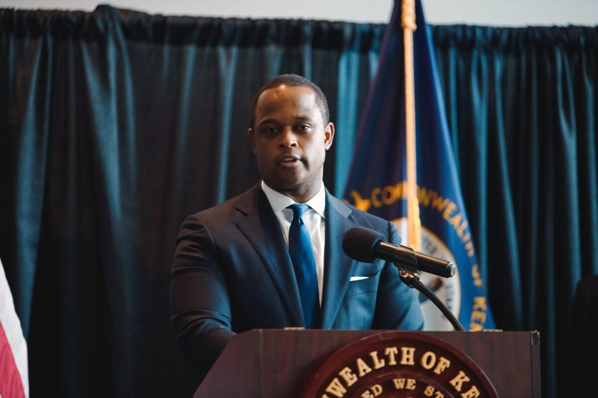 Kentucky Attorney General Daniel Cameron speaks during a press conference to announce a grand jury's decision to indict one of three Louisville Metro Police Department officers involved in the shooting death of Breonna Taylor, in Frankfort, Ky., on Sept. 23, 2020. (Jon Cherry/Getty Images)