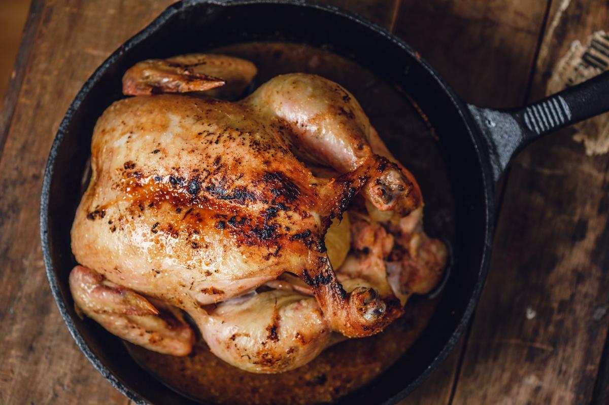  Oven-roast a chicken for dinner the night before, then simmer the broken, browned bones into a rich and flavorful stock for your chicken soup. (Von Radu Dumitrescu)