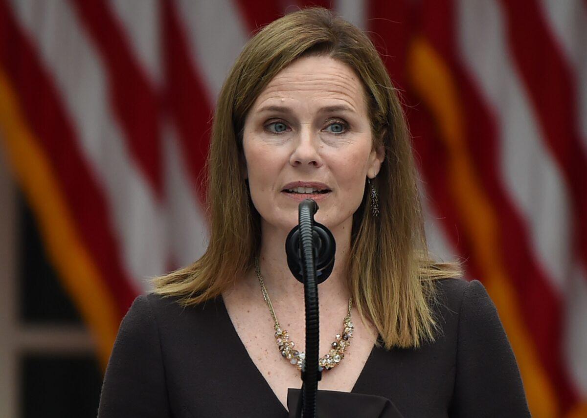 Judge Amy Coney Barrett speaks after being nominated to the U.S. Supreme Court by President Donald Trump in the Rose Garden of the White House in Washington, on Sept. 26, 2020. (Olivier Douliery/AFP via Getty Images)