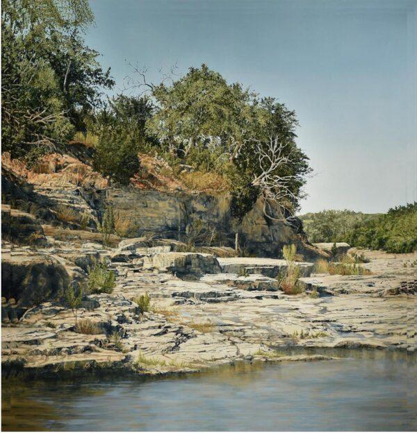“Stepped Rocks With Water,” 1984, by Nancy Conrad. A scene of the Pedernales River near Johnson City, Texas. Oil on canvas, 66 inches by 66 inches. (Courtesy of Wayne Barnes)