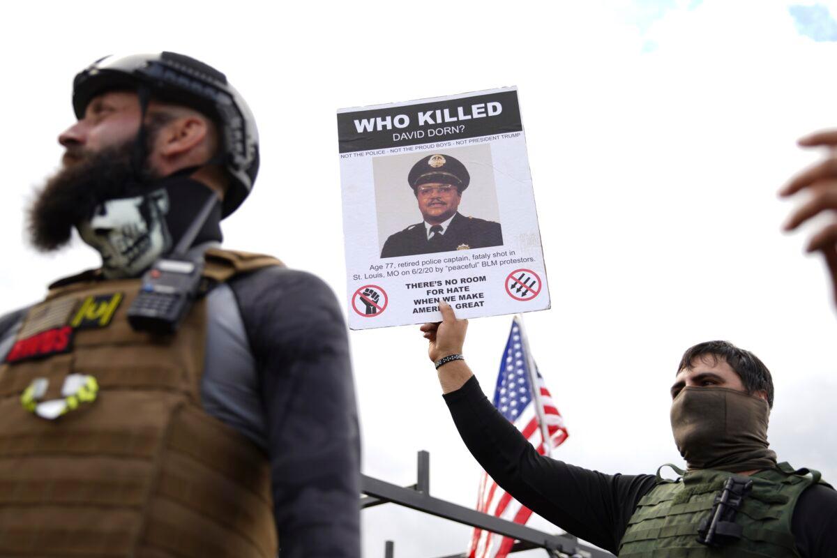 Members of the Proud Boys and other right-wing demonstrators rally in Portland, Ore., on Sept. 26, 2020. (Allison Dinner/AP Photo)