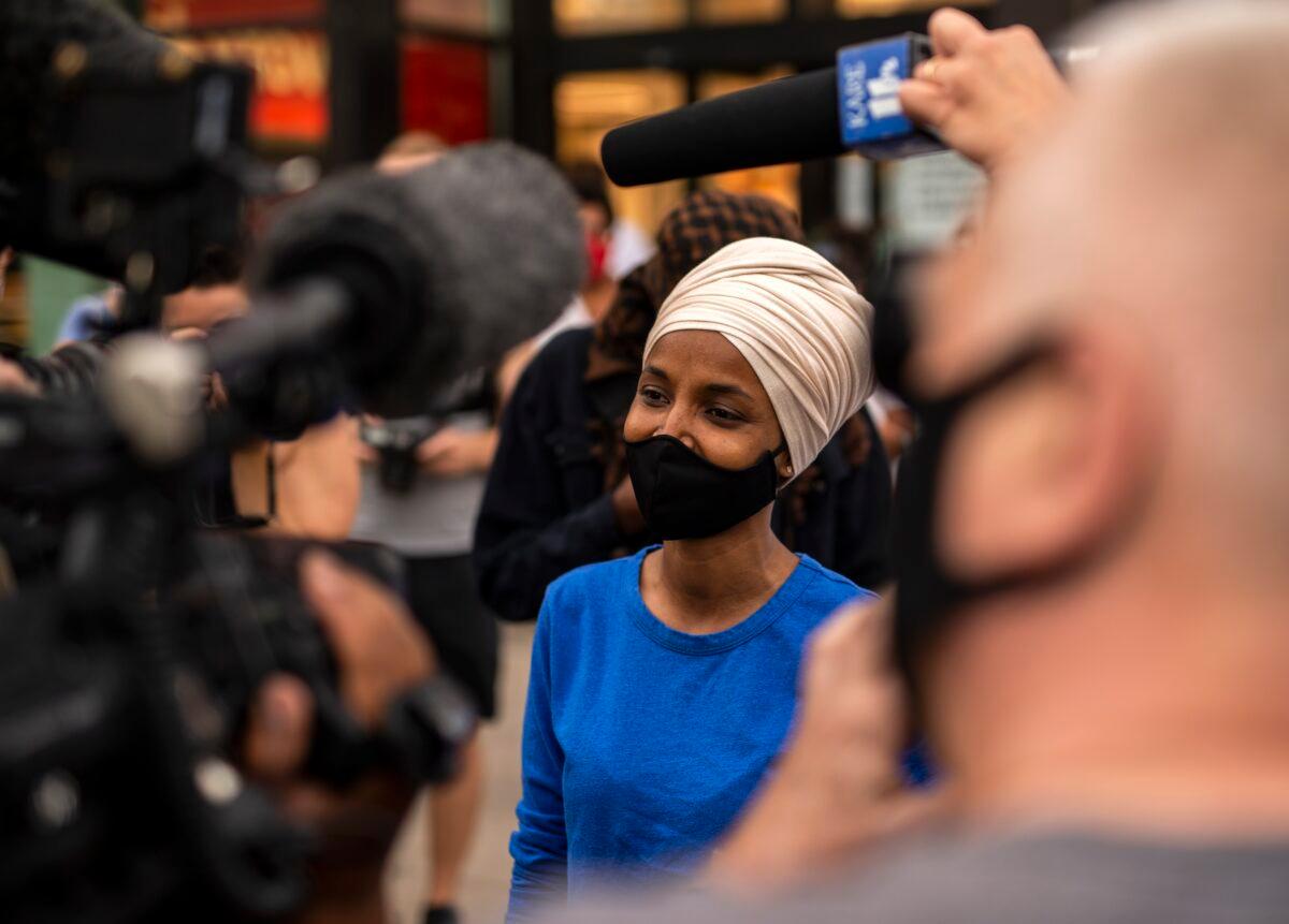 Rep. Ilhan Omar (D-Minn.) speaks to reporters during a campaign stop in Minneapolis, on Aug. 11, 2020. (Stephen Maturen/Getty Images)