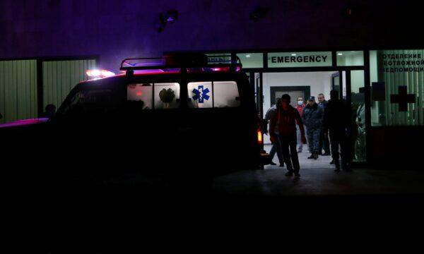 An ambulance is seen at the entrance of a hospital in Stepanakert, the capital of the breakaway Nagorno-Karabakh region, on Sept. 28, 2020. (Hayk Baghdasaryan/Photolure via Reuters)