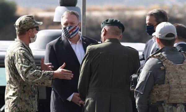 U.S. Secretary of State Mike Pompeo speaks to officers during his visit with Greek Prime Minister Kyriakos Mitsotakis to the Naval Support Activity base at Souda, Crete, Greece, on Sept. 29, 2020. (Aris Messinis/Pool via Reuters)