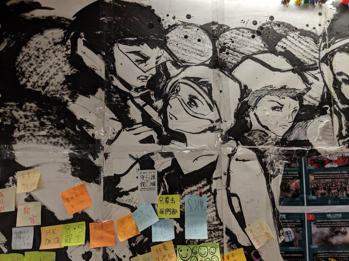 A painting by Otto Yuen, known as The Lennon Wall painter, is seen on a Lennon wall in Hong Kong. (Courtesy of Otto Yuen)