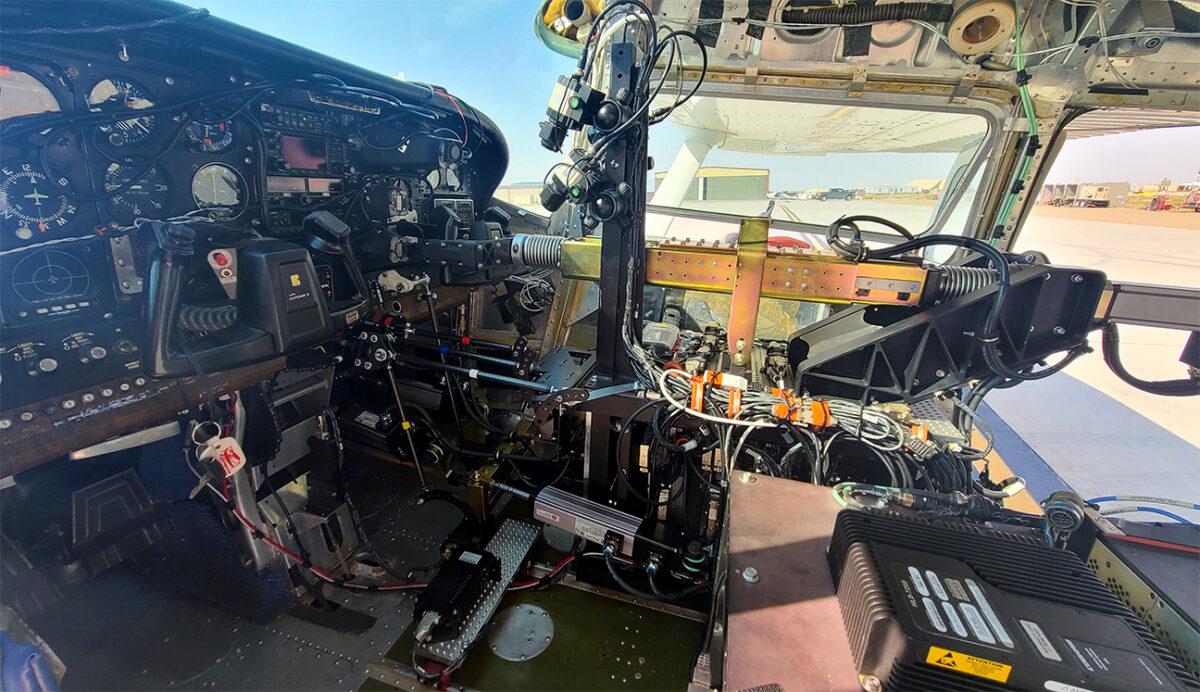 The unmanned, autonomous system by the Air Force Research Laboratory known as ROBOpilot installed in a Cessna 206 propeller plane on Sept. 24, 2020. (Air Force/Courtesy)