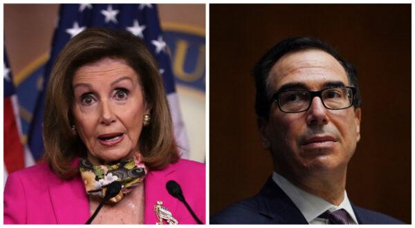  (L): Speaker of the House Nancy Pelosi (D-CA) talks to reporters during her weekly news conference at the U.S. Capitol Visitors Center in Washington, on Sept. 18, 2020. (Chip Somodevilla/Getty Images; (R): )Steven T. Mnuchin, Secretary, Department of the Treasury during the Senate's Committee on Banking, Housing, and Urban Affairs hearing examining the quarterly CARES Act report to Congress in Washington, on Sept. 24, 2020. (Toni L. Sandys-Pool/Getty Images)