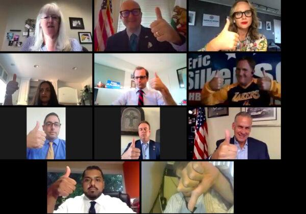 Candidates for the City Council race in Huntington Beach, Calif., participate in a Zoom forum hosted by the Chamber of Commerce on Sept. 24, 2020. From top-left: Dianne Thompson, Matthew Harper, Natalie Moser, Gracey Van Der Mark, Dan Kalmick, Eric Silkenson, Thomas LaParne, Casey McKeon, Jeff Morin, Oscar Rodriguez, and Armory Hanson. (Screenshot)