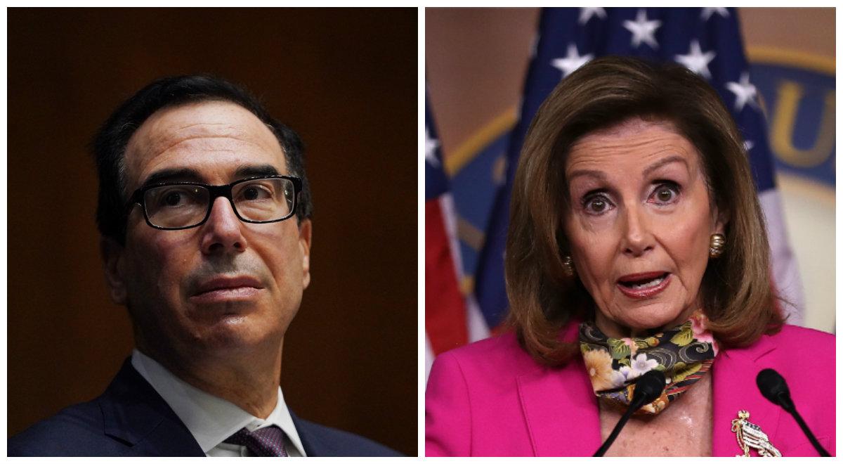 (L): Treasury Department Secretary Steven T. Mnuchin in Washington on Sept. 24, 2020. (Toni L. Sandys-Pool/Getty Images); (R): House Speaker Nancy Pelosi (D-Calif.) at the U.S. Capitol Visitors Center in Washington on Sept. 18, 2020. (Chip Somodevilla/Getty Images)