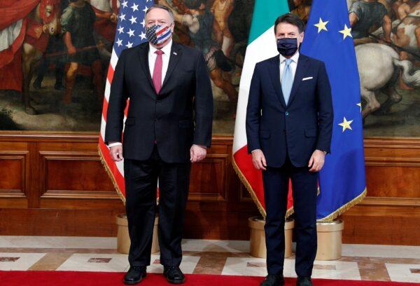 U.S. Secretary of State Mike Pompeo meets with Italy's Prime Minister Giuseppe Conte in Rome, Italy, on Sept. 30, 2020. (Guglielmo Mangiapane/Pool/Reuters)