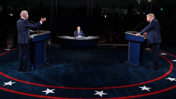 President Donald Trump (R) and Democratic presidential nominee Joe Biden participate in the first presidential debate at the Health Education Campus of Case Western Reserve University in Cleveland, Ohio, on Sept. 29, 2020. (Olivier Douliery-Pool/Getty Images)