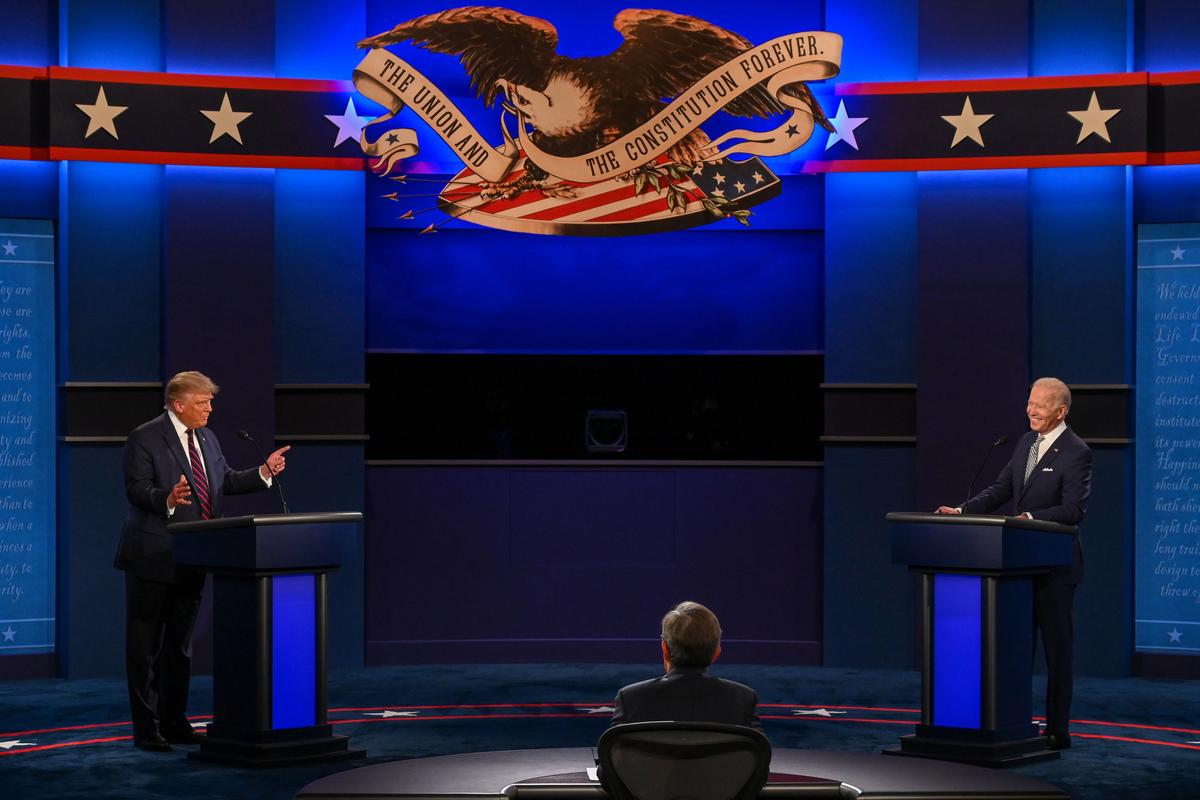 President Donald Trump, left, and Democratic presidential nominee Joe Biden debate at Case Western Reserve University and Cleveland Clinic in Cleveland, Ohio, on Sept. 29, 2020. (Jim Watson/AFP via Getty Images)