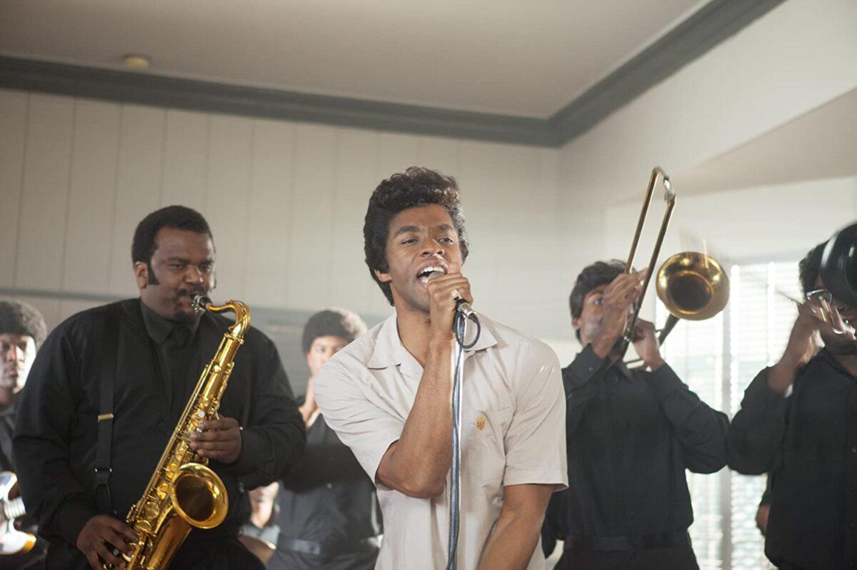 James Brown (Chadwick Boseman, C)  and the Famous Flames, in "Get on Up." (D. Stevens/Universal Pictures)