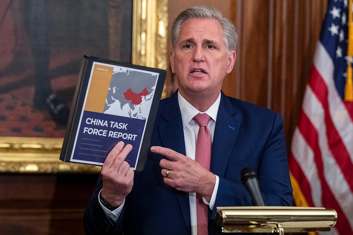 Then-House Minority Leader Kevin McCarthy (R-Calif.) speaks at a press conference in Washington on Sept. 30, 2020. Republican's China Task Force holds a news conference on the China threat. (Tasos Katopodis/Getty Images)