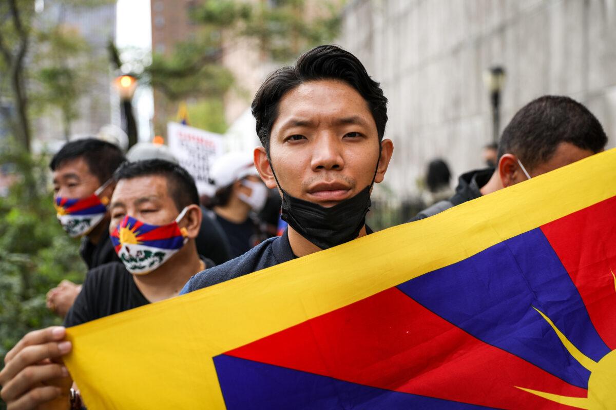 Pema Namgyal takes part in an event where Tibetans, Uyghurs, Kazakhs, Hongkongers, Southern Mongolians, Taiwanese, and Chinese Democracy Activists join together to call on governments to stand against the Chinese Communist Party’s suppression of freedom, democracy, and human rights, in front of the United Nations headquarters in New York City on Oct. 1, 2020. (Samira Bouaou/The Epoch Times)