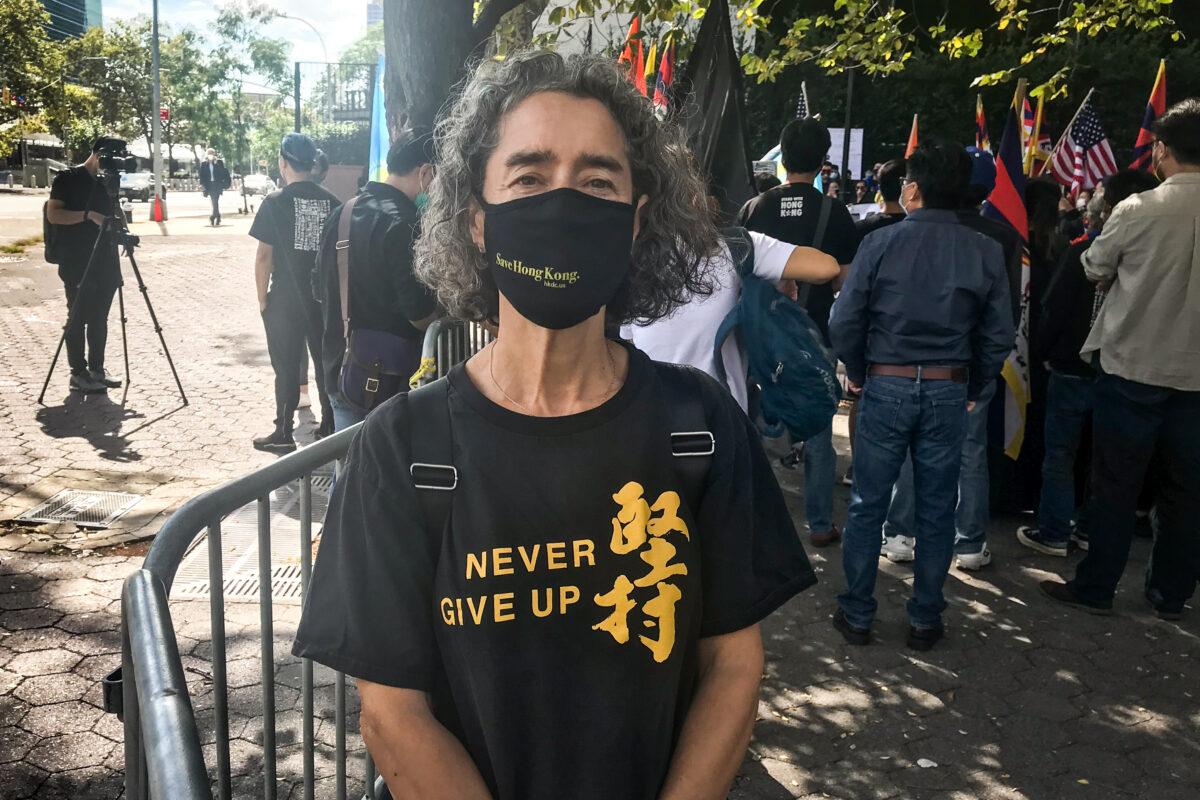 Nicole Sara takes part in an event where Tibetans, Uyghurs, Kazakhs, Hongkongers, Southern Mongolians, Taiwanese, and Chinese Democracy Activists join together to call on governments to stand against the Chinese Communist Party’s suppression of freedom, democracy, and human rights, in front of the United Nations headquarters in New York City on Oct. 1, 2020. (Eva Fu/The Epoch Times)