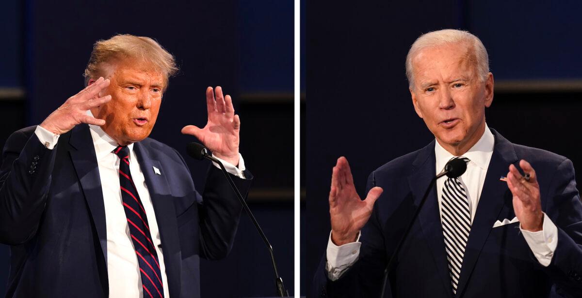 President Donald Trump, left, and Democratic presidential nominee Joe Biden during the first presidential debate at Case Western University and Cleveland Clinic, in Cleveland, on Sept. 29, 2020. (Patrick Semansky/AP Photo)