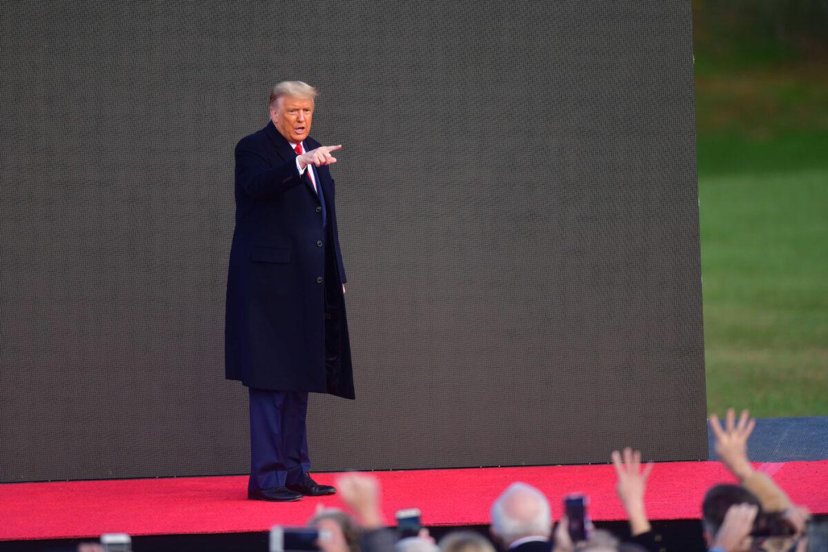 President Donald Trump acknowledges supporters after a rally in Newtown, Pa., on Oct. 31, 2020. (Mark Makela/Getty Images)